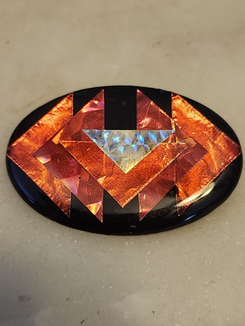 Vibrant Black, Silver & Red Oval Abstract Design Brooch